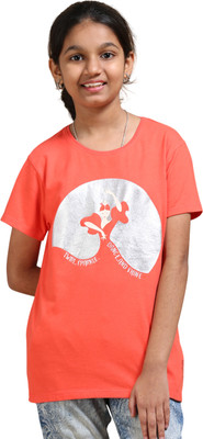 estuna Girls Printed Pure Cotton Regular T Shirt(Red, Pack of 1)