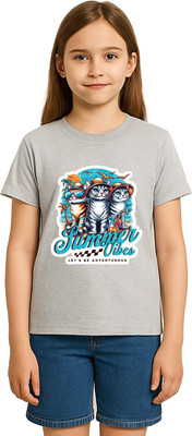 My Swag Girls Graphic Print Pure Cotton Regular T Shirt(Grey, Pack of 1)