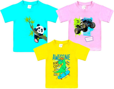 Styks Baby Boys & Baby Girls Graphic Print Cotton Blend Regular T Shirt(Black, Pack of 3)