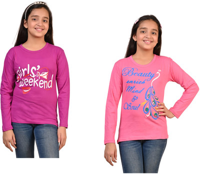 Indistar Girls Printed Pure Cotton Regular T Shirt(Multicolor, Pack of 2)