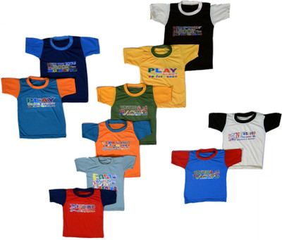 HouseOfCommon Baby Boys Printed Cotton Blend Regular T Shirt(Multicolor, Pack of 10)
