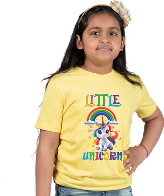 CHOMBOOKA Girls Graphic Print Pure Cotton Regular T Shirt(Yellow, Pack of 1)