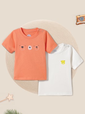 NautiNati Baby Girls Printed Pure Cotton Slim T Shirt(Orange, Pack of 2)