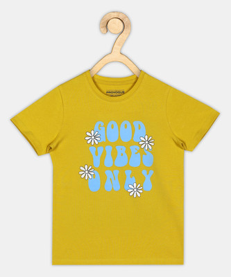 PROVOGUE Boys Typography Cotton Blend Regular T Shirt(Yellow, Pack of 1)
