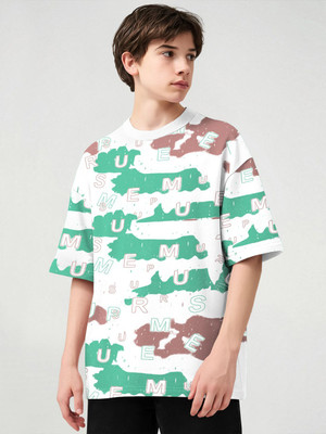 TRIPR Boys Printed Cotton Blend Oversized T Shirt(White, Green, Pack of 1)