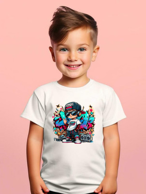 YI FASHION Boys Printed Polyester Regular T Shirt(White, Pack of 1)