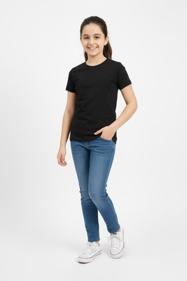 Charm n Cherish Girls Solid Cotton Blend Regular T Shirt(Black, Pack of 1)