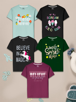3Pin Girls Graphic Print Pure Cotton Regular T Shirt(Multicolor, Pack of 5)