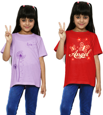 DBees Girls Printed Cotton Blend Regular T Shirt(Multicolor, Pack of 2)
