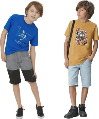 JAAGO Boys Printed Cotton Blend Regular T Shirt(Blue, Yellow, Pack of 2)