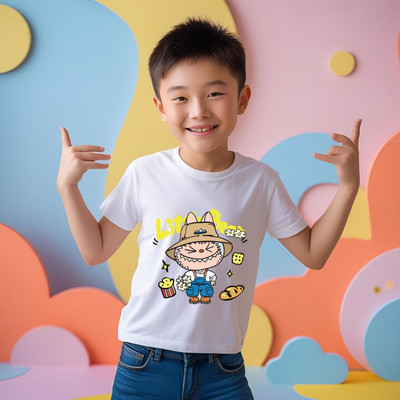Kidloo Boys Labubu, Graphic Print Cotton Blend Regular T Shirt(White, Pack of 1)