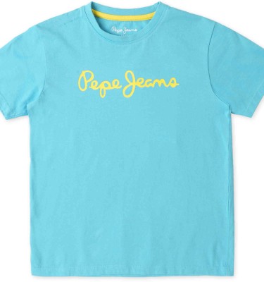 Pepe Jeans Boys Printed Cotton Blend Regular T Shirt(Blue, Pack of 1)