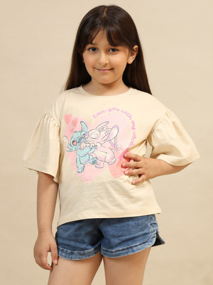 kidsville Girls Graphic Print Pure Cotton Regular T Shirt(Beige, Pack of 1)