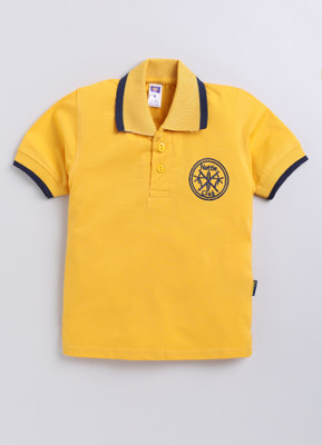 NOTTIE PLANET Boys Self Design Cotton Blend Regular T Shirt(Yellow, Pack of 1)