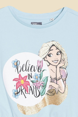 Allen Solly Girls Graphic Print Cotton Blend Regular T Shirt(Light Blue, Pack of 1)