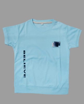 Perun Boys Typography, Printed Cotton Blend T Shirt(Light Blue, Pack of 1)