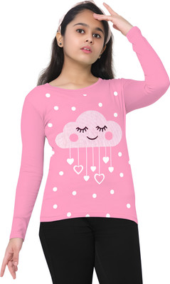 MS KIDSWEAR Girls Printed Cotton Blend Regular T Shirt(Pink, Pack of 1)