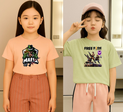 Kintu Parantu Girls Graphic Print Polyester Regular T Shirt(Multicolor, Pack of 2)