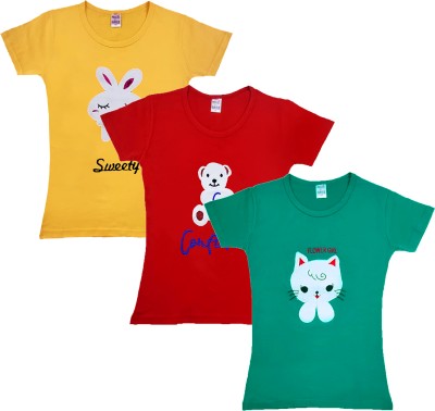 SVG POINTEL Girls Embroidered Pure Cotton Regular T Shirt(Multicolor, Pack of 3)