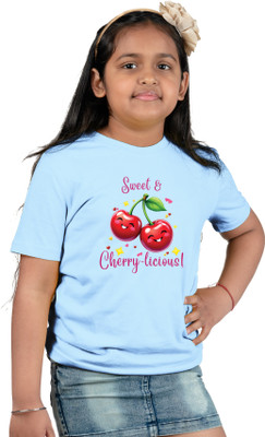 CHOMBOOKA Girls Printed Pure Cotton Regular T Shirt(Light Blue, Pack of 1)