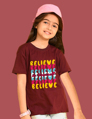 Nusyl Girls Graphic Print Cotton Blend Oversized T Shirt(Maroon, Pack of 1)