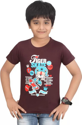 dongli Boys Typography, Printed Pure Cotton Regular T Shirt(Brown, Pack of 1)