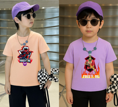 Lecowar Boys Printed Polyester Regular T Shirt(Pink, Purple, Pack of 2)