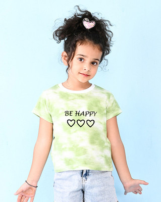 Nusyl Girls Printed Cotton Blend Regular T Shirt(Green, Pack of 1)