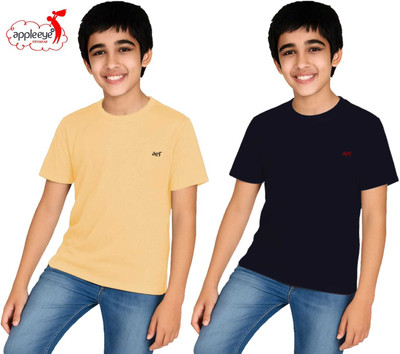 Appleeye Boys Solid Cotton Blend Regular T Shirt(Black, Pack of 2)