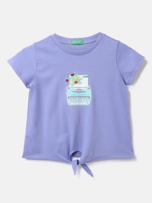 United Colors of Benetton Baby Girls Typography Pure Cotton T Shirt(Blue, Pack of 1)