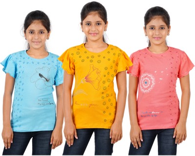 DSP Trends Girls Graphic Print Pure Cotton Regular T Shirt(Multicolor, Pack of 3)