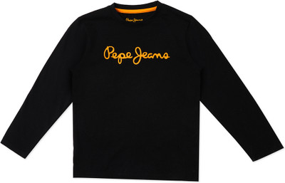 Pepe Jeans Boys Printed Cotton Blend Regular T Shirt(Black, Pack of 1)