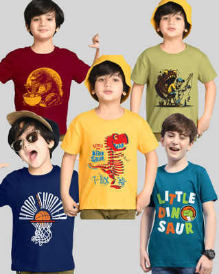 AUSK Boys Printed Cotton Blend Regular T Shirt(Multicolor, Pack of 5)