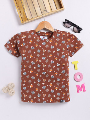 YK X Minute Mirth Boys Printed Cotton Blend Regular T Shirt(Brown, Pack of 1)