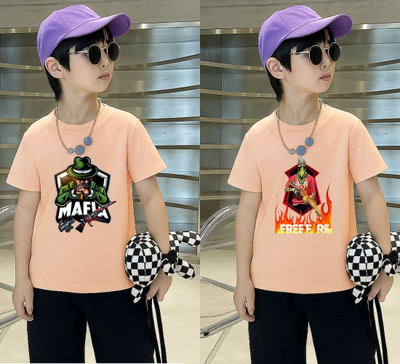 Lecowar Boys Printed Polyester Regular T Shirt(Pink, Pack of 1)