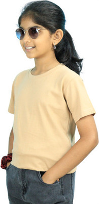 The TSHRT Girls Solid Pure Cotton Regular T Shirt(Beige, Pack of 1)