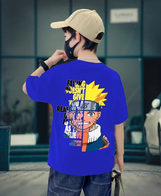 BuckleMen Boys Printed Pure Cotton Oversized T Shirt(Blue, Pack of 1)