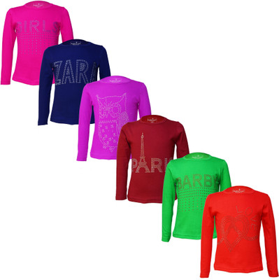 Eazy Trends Girls Printed Pure Cotton Regular T Shirt(Multicolor, Pack of 6)