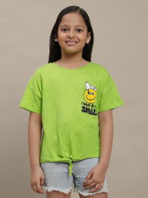 kidsville Girls Printed Pure Cotton Regular T Shirt(Green, Pack of 1)