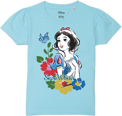 WYM TREND Girls Printed Pure Cotton Regular T Shirt(Blue, Pack of 1)