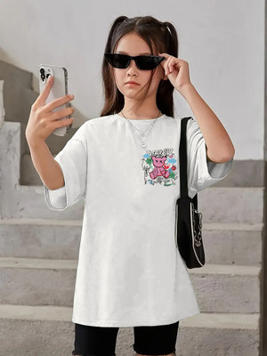 KEESOR Girls Printed Cotton Blend Oversized T Shirt(White, Pack of 1)