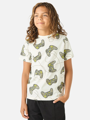 JUNIORS by Babyshop Boys Printed Cotton Blend Regular T Shirt(White, Pack of 1)