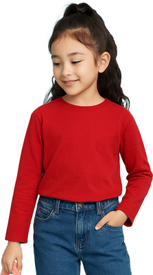 doodleberry Girls Solid Cotton Blend Regular T Shirt(Red, Pack of 1)