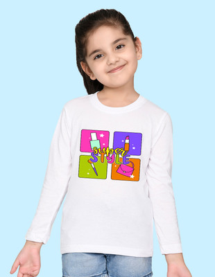 Nusyl Girls Graphic Print Cotton Blend Regular T Shirt(White, Pack of 1)