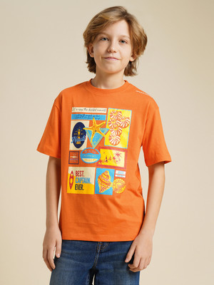 Jack & Jones Junior Boys Graphic Print Cotton Blend Oversized T Shirt(Orange, Pack of 1)