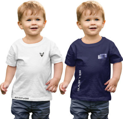 ELEGORY Boys Printed Cotton Blend Regular T Shirt(Blue, White, Pack of 2)