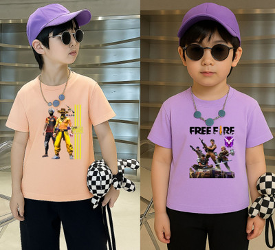Lecowar Boys Printed Polyester Regular T Shirt(Pink, Purple, Pack of 2)