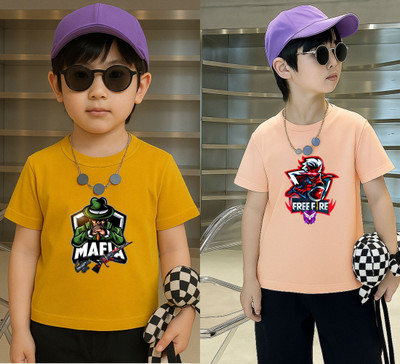 Lecowar Boys Graphic Print Polyester Regular T Shirt(Yellow, Pink, Pack of 2)