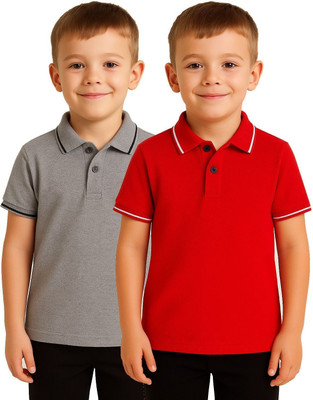 EyeWater Boys Solid Cotton Blend Regular T Shirt(Grey, Red, Pack of 2)