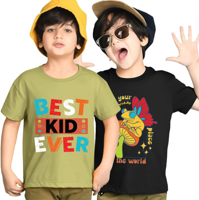 Kiddy Viddy Boys Printed Cotton Blend Regular T Shirt(Green, Black, Pack of 2)